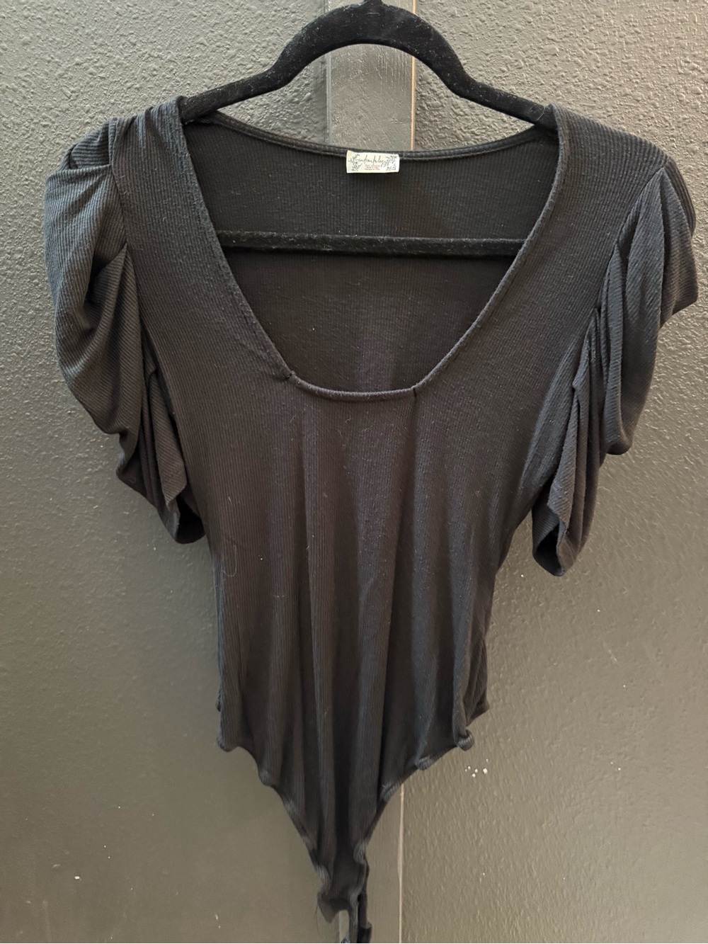 Free People Black Scoop Neck Puff Sleeve Bodysuit
